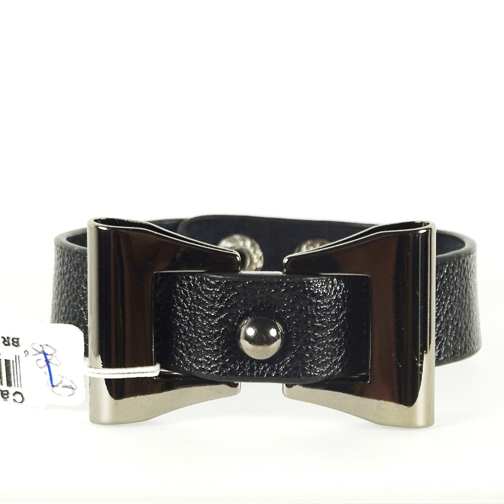 Cara Genuine Black Leather & Black Rhodium Plated Bow Adjustable Bracelet